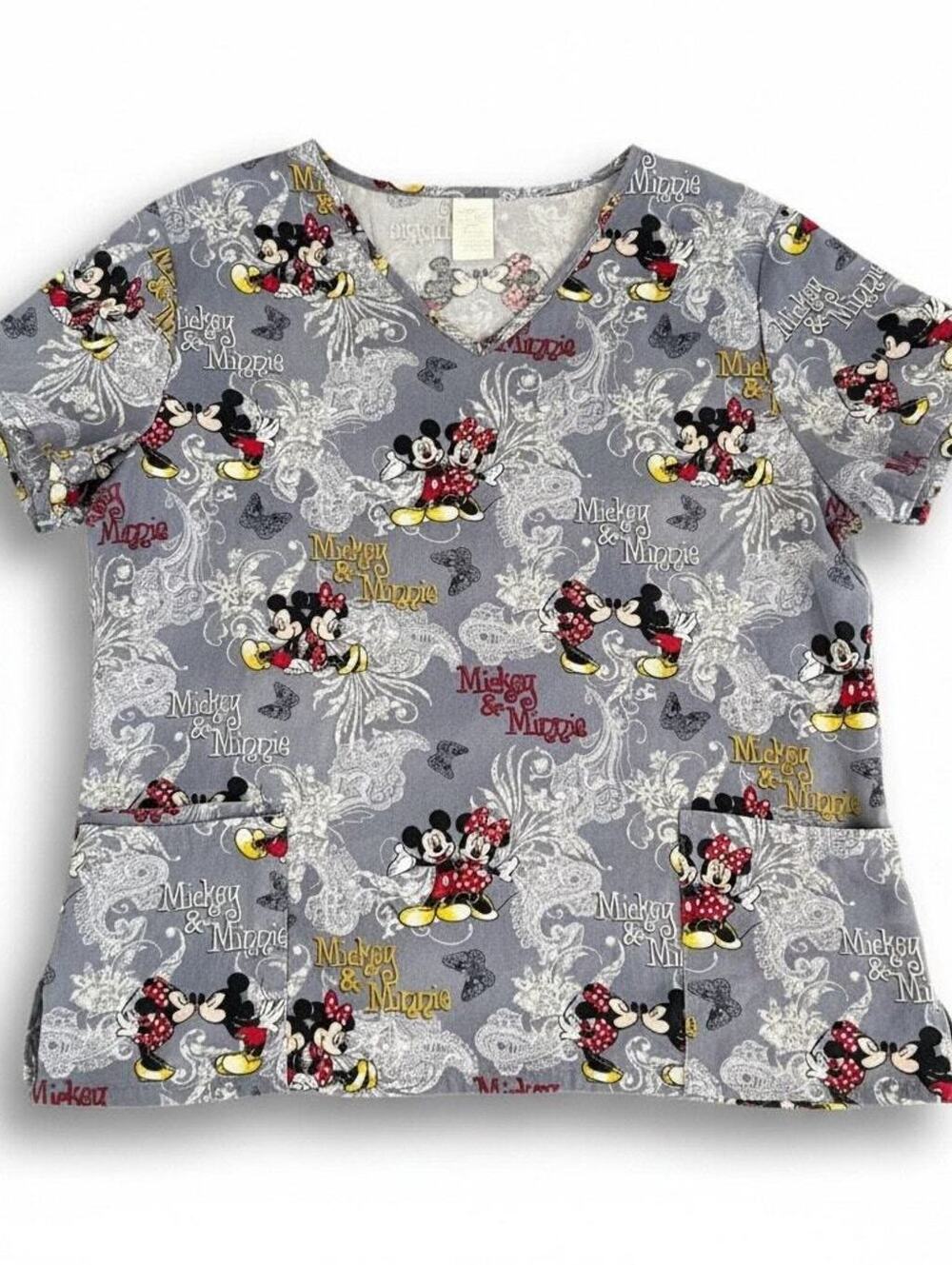 Disney Mickey & Minnie Scrub Top Womens XL Gray Lace Print